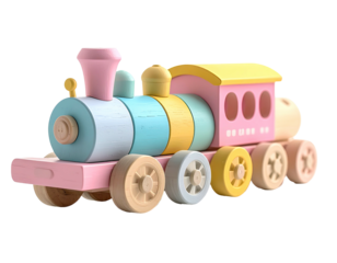 Pastel wooden toy train with round windows