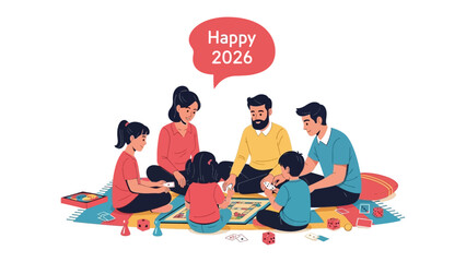 Family Bonding: A heartwarming scene unfolds as a family gathers together on a colorful rug, playing games. The cheerful setting captures a moment of love, connection, and joy.
