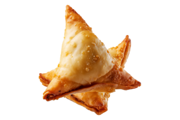 Crispy golden brown samosas with bubbled texture filled with meat or vegetables, isolated on white transparent background, representing Indian cuisine snack