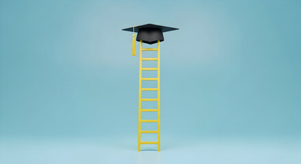 Vibrant yellow ladder supports a graduation cap against a serene blue background symbolizing academic achievement and celebration 25020695 1