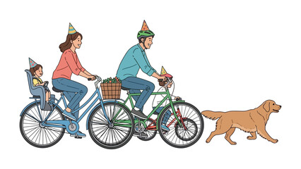 Joyful Bicycle Journey: A family, adorned with party hats, embarks on a delightful bicycle ride alongside their happy dog. A perfect illustration of togetherness and fun.