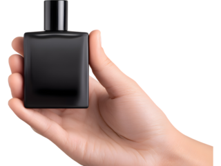 Hand holding black square perfume bottle isolated on transparent background, representing luxury and masculine style