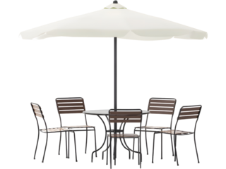 Wooden outdoor cafe table with chairs and umbrella isolated on transparent background, perfect for summer design concepts.