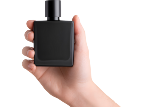 Female hand holding black matte perfume bottle isolated on transparent background, symbolizing elegance and sophistication.