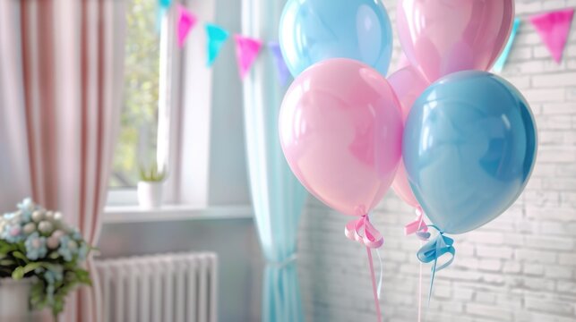 Colorful balloons in pink and blue shades are arranged in a bright room with pastel curtains and a flower vase on a windowsill.