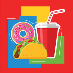 Assorted fast food items including burger taco donut and soda.
