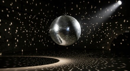 Reflective disco ball casting dazzling light patterns in dark room