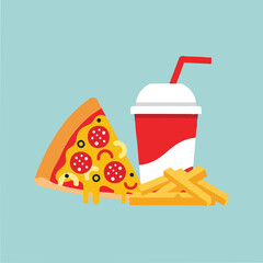 assorted fast food pizza fries and soda.