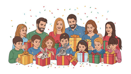 Family Celebration of Joyful Presents: A large family gathers, smiles radiating, as they open colorful gifts, creating an atmosphere of warmth and togetherness, filled with vibrant confetti.