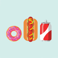 assorted donut hotdog and soda can.