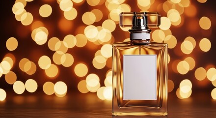 Elegant perfume bottle against golden bokeh lights for luxurious ambiance