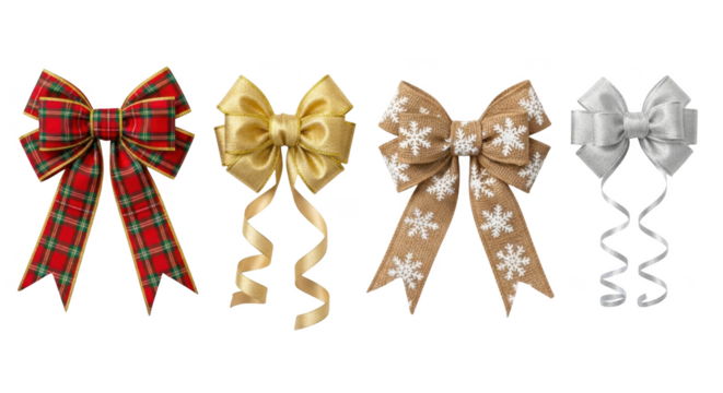 Selection of four decorative bows in gold, red, green, and silver, isolated on transparent background - Powered by Adobe