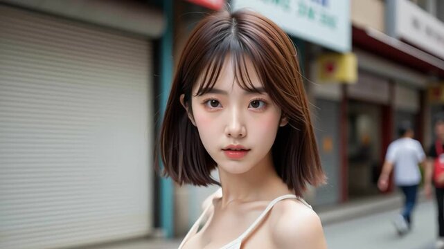 Young female adult with short brown bob hair walking urban street, casual summer outfit, candid relaxed mood, city life, natural light, outdoor beauty