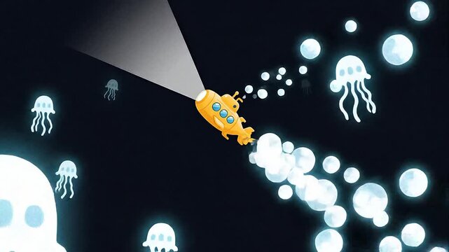 Cartoon style yellow submarine slowly diving deeper into dark ocean, light fading gradually, abstract bubble trail following