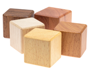 Wooden cubes of different shades, grouped together