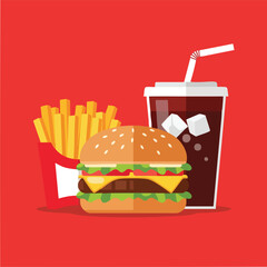 Delicious Hamburger Fries and Soda Fast Food Combo.