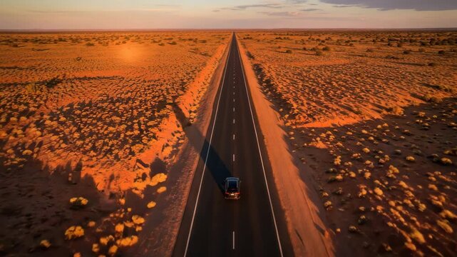 Car driving on a long straight road through the vast australian outback