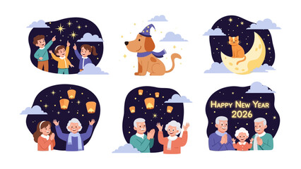 Festive New Year's Imagery: A collection of heartwarming illustrations, depicting joyful families and adorable animals celebrating the new year with celestial backgrounds and festive lanterns.