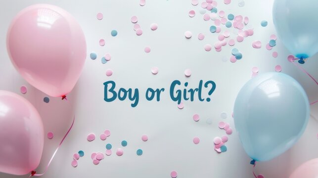 A flat lay of pink and blue balloons with confetti on a white background. The text 'Boy or Girl?' is prominently displayed, suggesting a gender reveal theme.