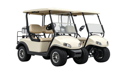 Two beige golf carts side-by-side, parked