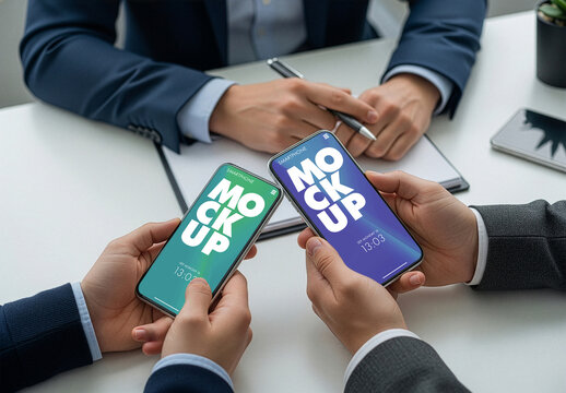 Mockup of two phone screens held by two business men behind desk