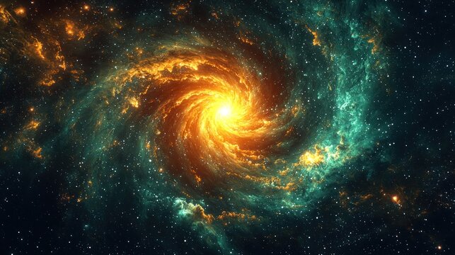 Swirling galaxy core, bright golden light with teal nebulosity in dark starfield - Powered by Adobe