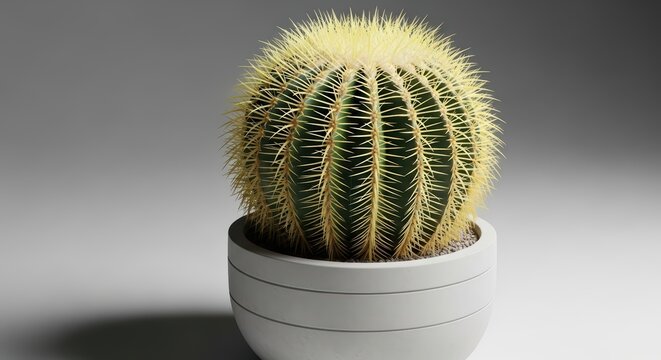 Golden barrel cactus in modern white pot on gray background - Powered by Adobe
