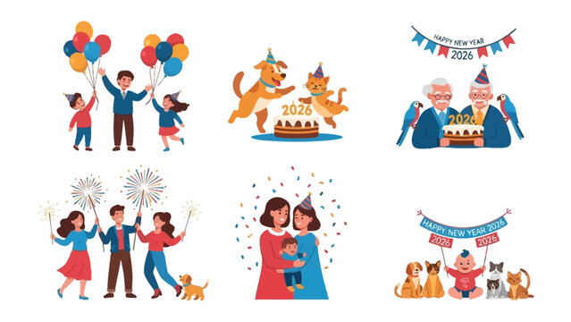 New Year Celebrations: A joyous montage of diverse celebrations, featuring families and pets amidst party elements and festive treats, conveying the essence of the new year spirit.