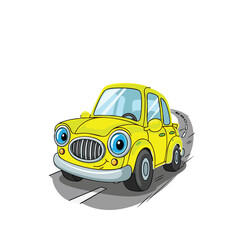 Joyful Yellow Car on a Journey: A cheerful yellow car is depicted, ready for an adventure. Its playful design and vibrant color palette exude happiness, while the blur indicates a sense of motion.