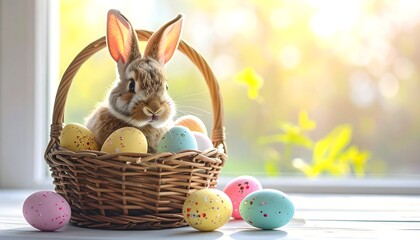 A fluffy brown bunny sits in a woven basket overflowing with pastel-colored eggs, near a sunny window