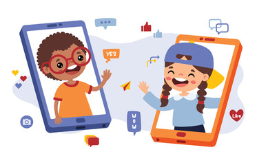 Cartoon Kid Communicate With Smartphone