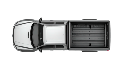 White pickup truck, top-down view, isolated, dark backdrop