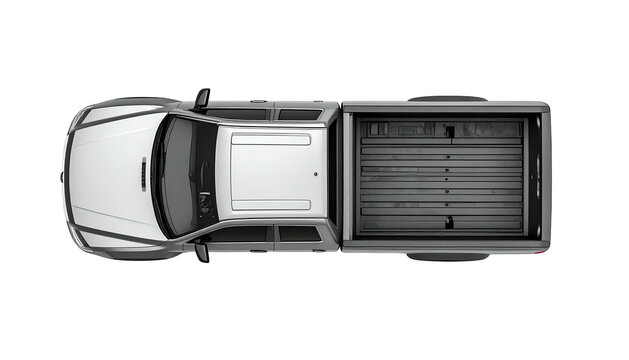 White pickup truck, top-down view, isolated, dark backdrop