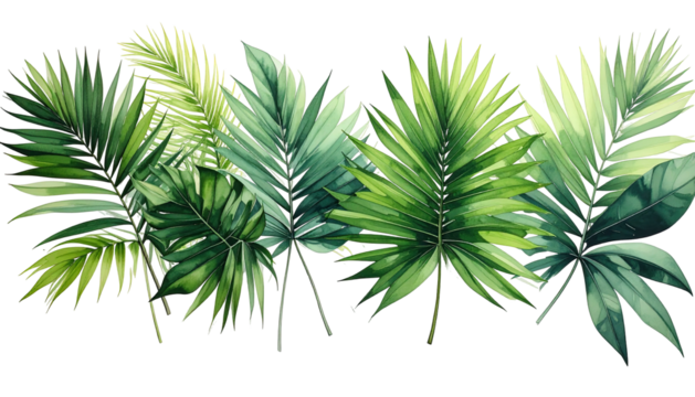 Green watercolor palm leaves artfully arranged
