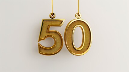 Golden number 50 hanging on white background, symbolizing anniversary or milestone celebration.