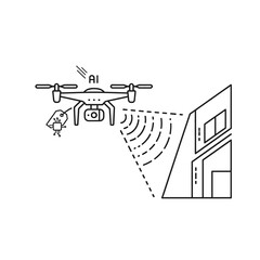 AI-powered quadcopter drone with a camera and payload scanning a building, a minimalist line art illustration.