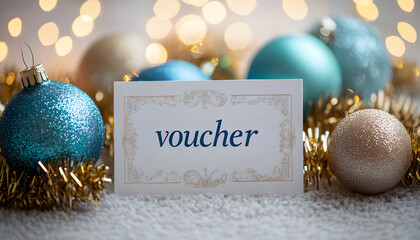 paper tag with word voucher on christmas background with blue decoration
