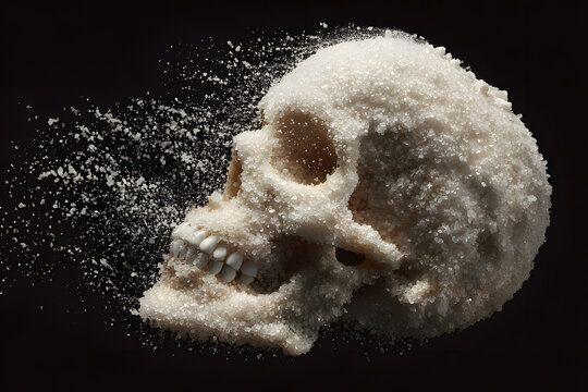 Granulated sugar forming a skull shape represents the dangers of excessive sugar consumption