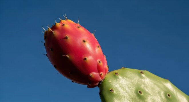 Red prickly pear cactus fruit against blue sky close-up - Powered by Adobe