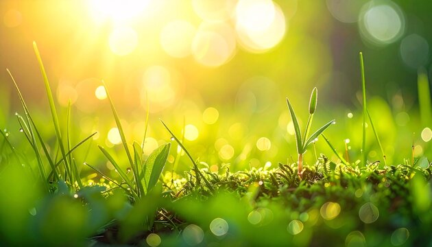 Vibrant Green Grass with Dewdrops and Golden Sunlight - Powered by Adobe