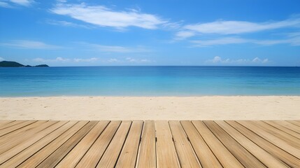 Fototapeta premium Light Brown Wooden Deck Beach Sand Ocean Summer Sky