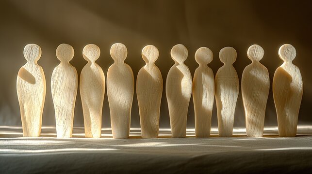 Wooden figures standing in a row, back-lit, casting shadows