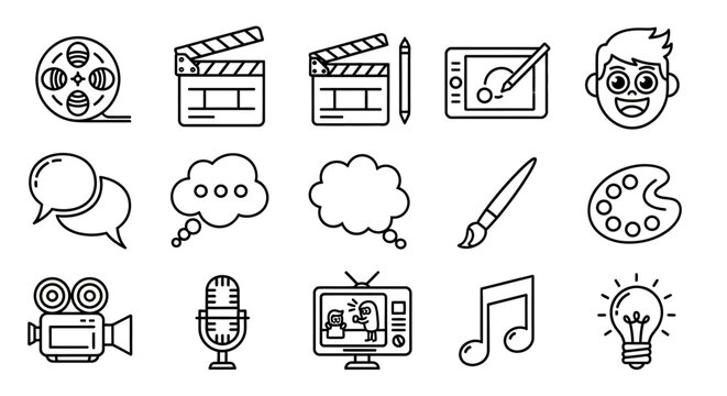 A collection of black and white doodle-style icons representing creative arts, filmmaking, and communication.
