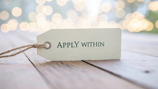 A tag with Apply Within text on wooden surface