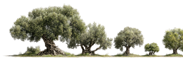 Row of olive trees with gnarled trunks, earthy palette