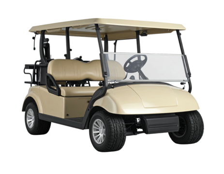 Beige golf cart, seats, roof. Isolated on black