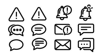 Fototapeta premium Collection of Black and White Notification Icons - Alert, Bell, Message, and Email.