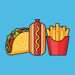 Vibrant fast food trio featuring taco hot dog and fries.