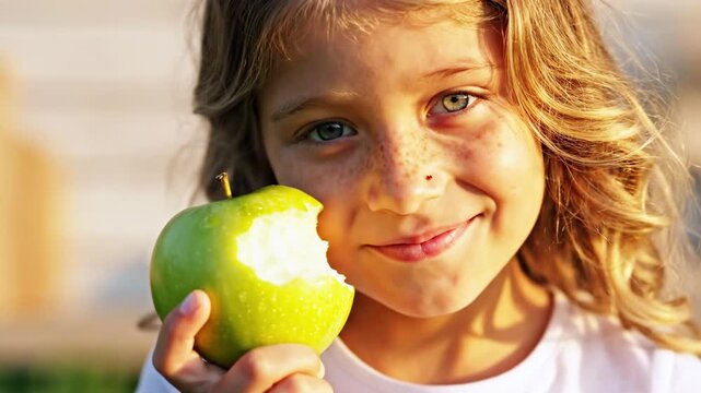 A young girl with freckles and light hair, smiles as she bites into a green apple