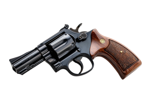 Shiny revolver with wood grips, side view, isolated